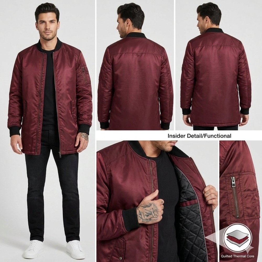 GUESS Extended Length Flight Bomber Jacket Mens Size Small Burgundy/Maroon Satin
